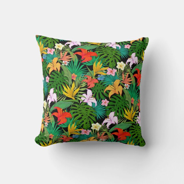 Almofada Flores Multicoloridas & Folhas de Palmeira em Pret (Frente)