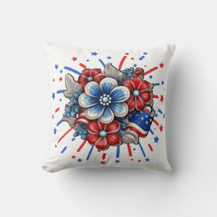 Almofada Flores Patrióticas em Branco Vermelho e Azul 4 de