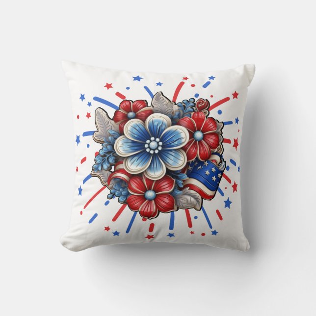 Almofada Flores Patrióticas em Branco Vermelho e Azul 4 de  (Frente)
