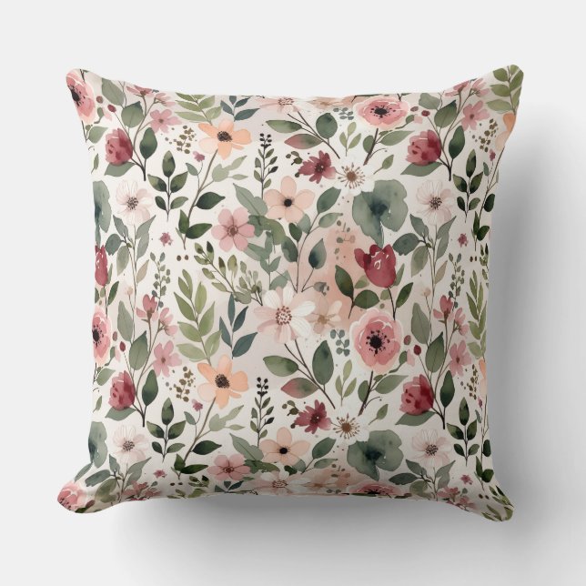 Almofada Flores Pintadas à Mão em Elegância Moderna em Aqua (Frente)
