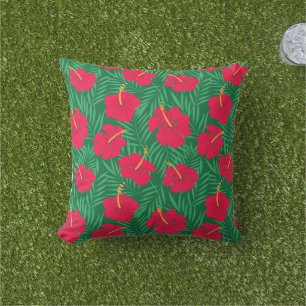 Almofada Flores Red Hibiscus em Folhas Tropicais Verdes