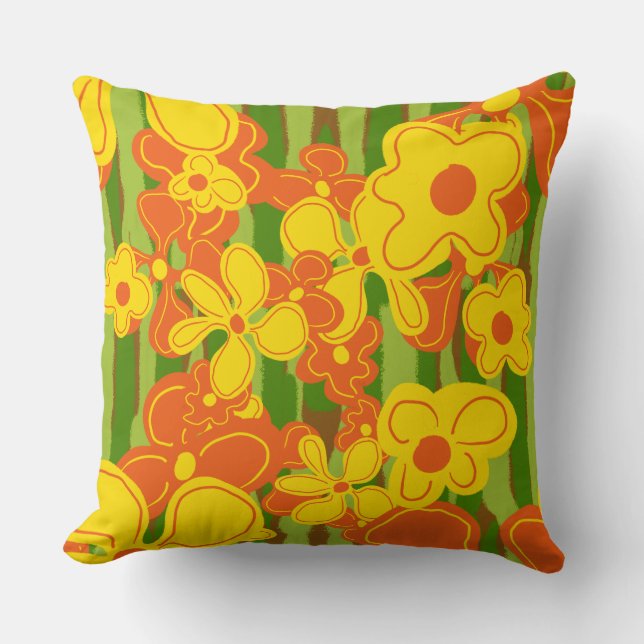 Almofada Flores Retro Amarelo Laranja em Verde Estimulado (Frente)