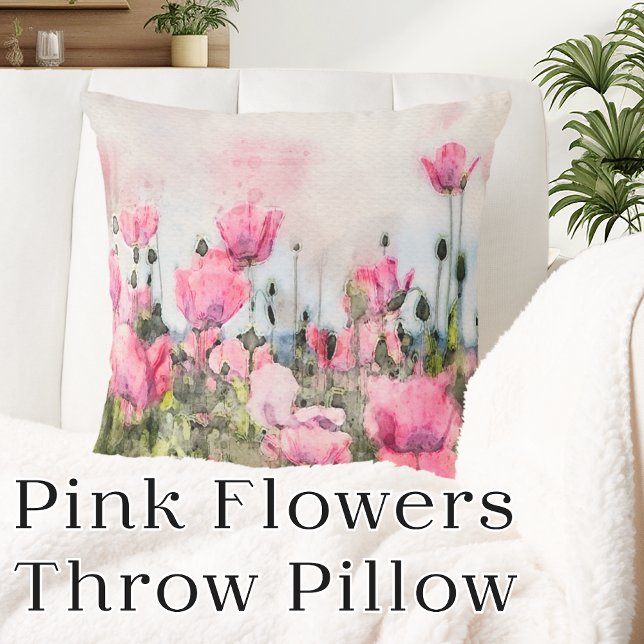 Almofada Flores Rosa Aquarela Floral (Pink Flowers Floral Watercolor Throw Pillow)