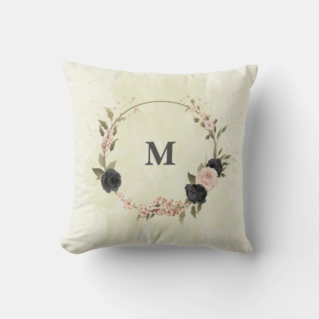 Almofada flores rosa blush preto (Frente)