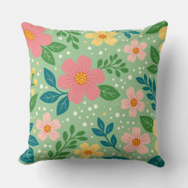 Almofada Flores Rosa e Amarelo com Folhas Verdes e Azuis