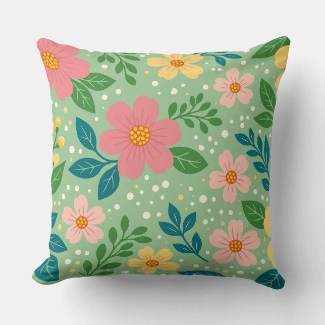Almofada Flores Rosa e Amarelo com Folhas Verdes e Azuis (Frente)