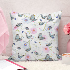 Almofada Flores rosa e azul e padrão de borboletas