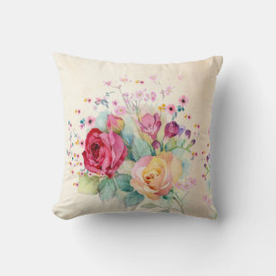 Almofada Flores rosas em Ecru