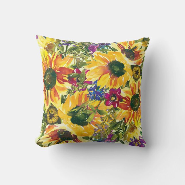 Almofada Flores Roxas Amarelas Boho Aquarela (Frente)