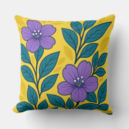 Almofada Flores Roxas & Folhas Azul-turquesa em Fundo Amare