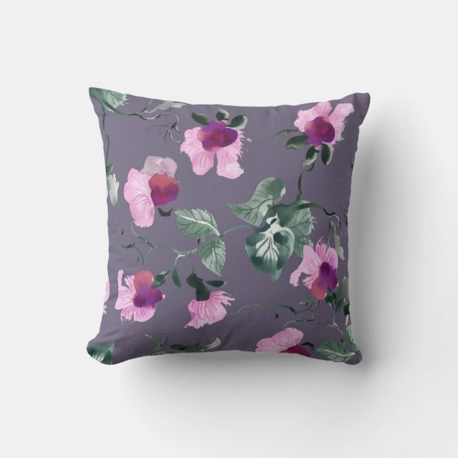 Almofada Flores roxas: padrão uniforme de aquarela. (Frente)