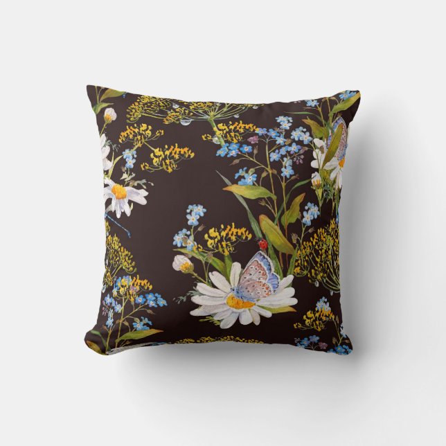 Almofada Flores selvagens: cor-de-água preta (Frente)
