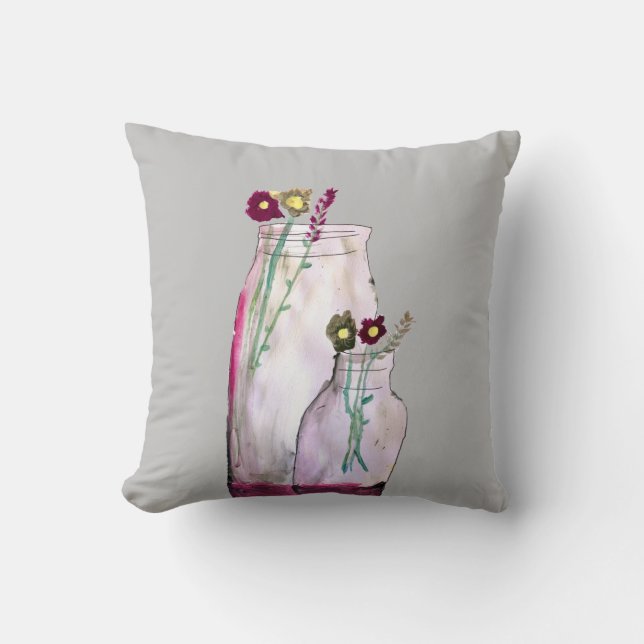 Almofada Flores silvestres de aquarelas brancas em vaso (Frente)