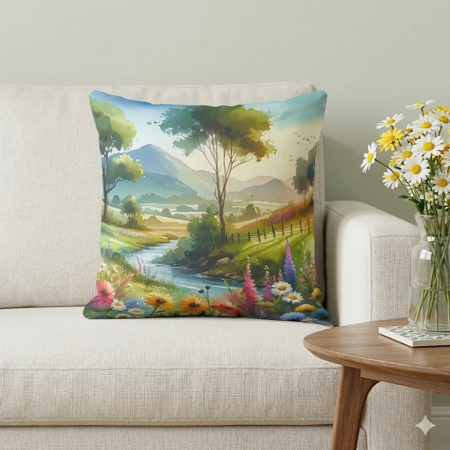 Almofada Flores Silvestres e Riacho no Vale da Primavera (Wildflowers and Stream in Spring Valley Throw Pillow Mockup A)