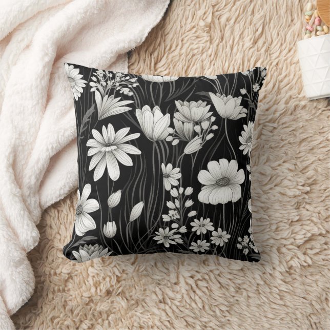 Almofada Flores Silvestres Folhas Botânicas Preto Branco (Cobertor)