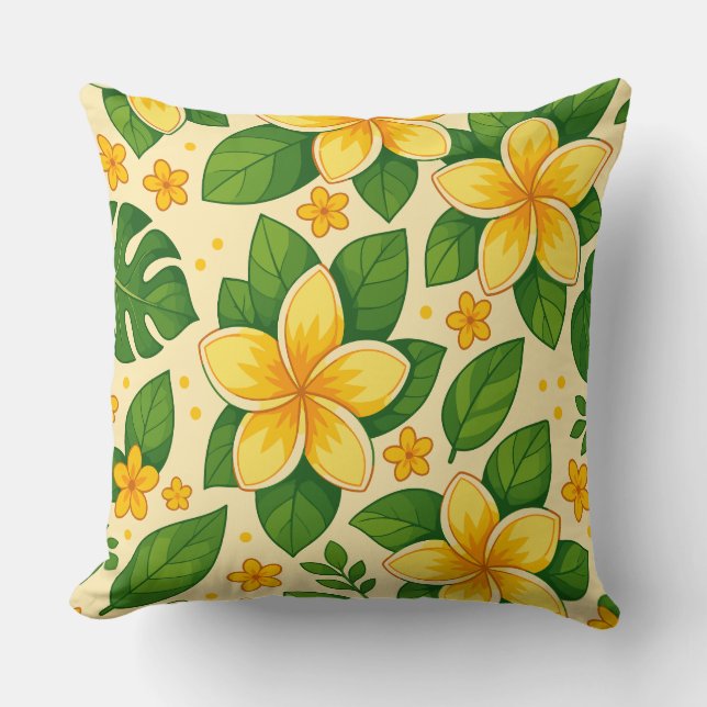 Almofada Flores Tropicais Amarelas com Folhas Verdes Luxuri (Frente)