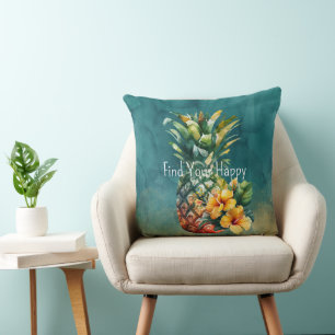 Almofada Flores tropicais de abacaxi Dourado Teal Hibiscus