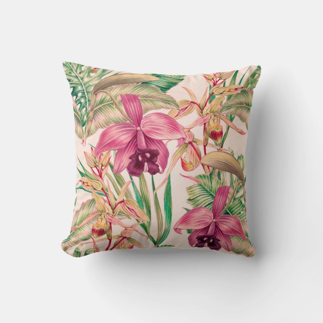 Almofada Flores tropicais, flor de orquídea, folhas da selv (Frente)