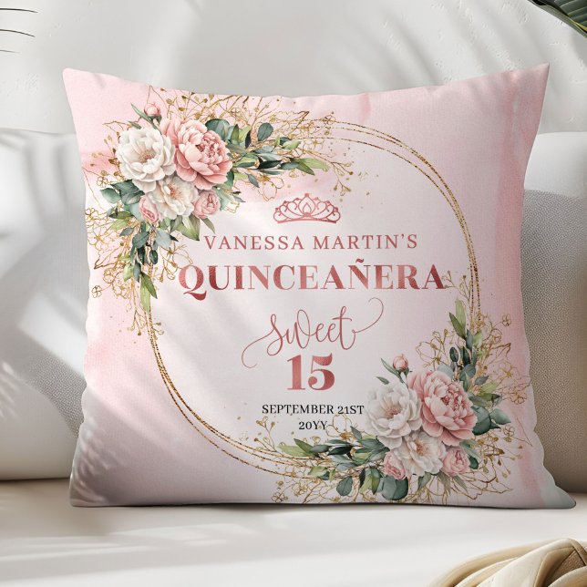 Almofada Flores Verdejantes Rosa Empoeirado Presente de Tra (Dusty Pink Flowers Greenery Sweet 15 Pillow Gift)