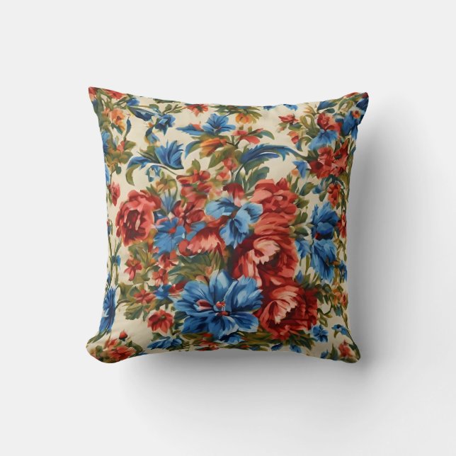 Almofada Flores Vermelhos e Azuis com Folhas Lush Italianas (Frente)