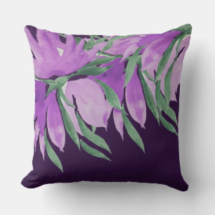 Almofada Flores Violetas Roxas De Aquarela, Pintadas À Mã