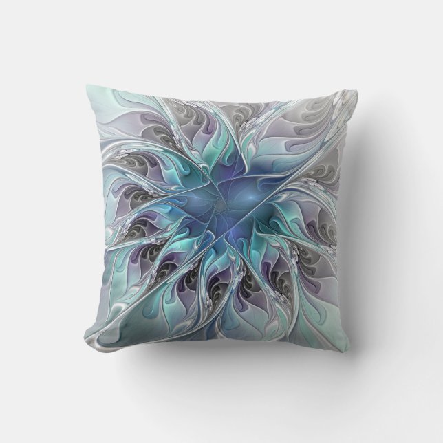 Almofada Florescer Abstrato Moderno Fractal Flor Com Azul (Frente)