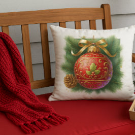 Almofada Florescimento Dourado Ornamento Vermelho & Pinheir