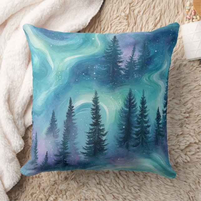Almofada Floresta da Aurora Boreal em Aquarela (Cobertor)