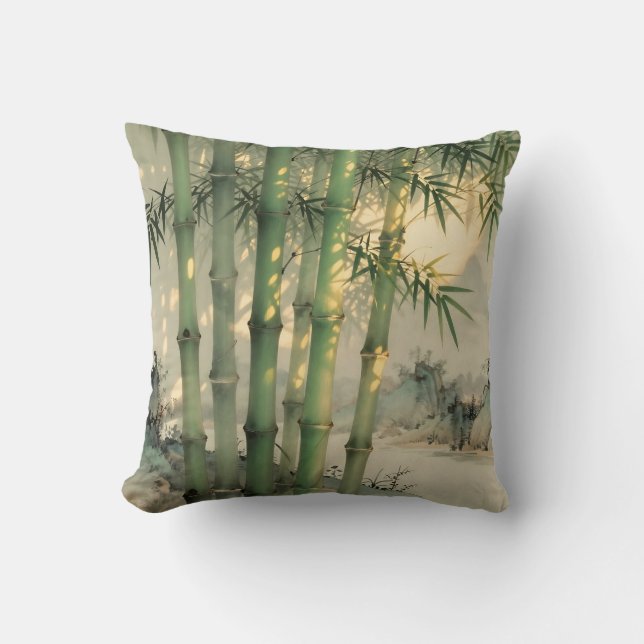 Almofada Floresta de Bambu Verde Tinta Chinesa (Frente)