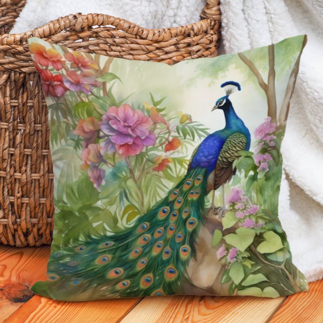 Almofada Floresta de Flores de Pavão Verde Verde Elegante (Elegant blue and teal peacock decorator pillow)