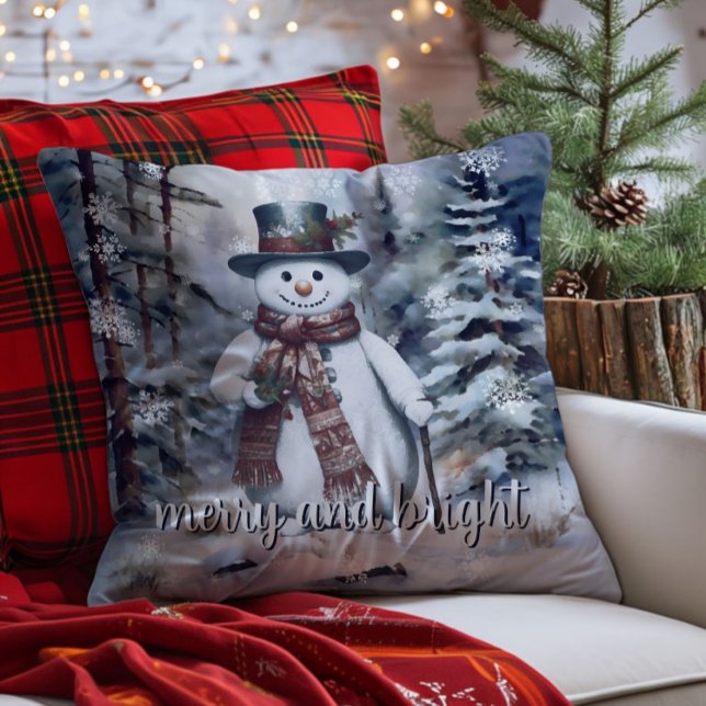 Almofada Floresta de inverno da Aquarela de Snowman (Charming Snowman Watercolor Winter Forest Throw Pillow)