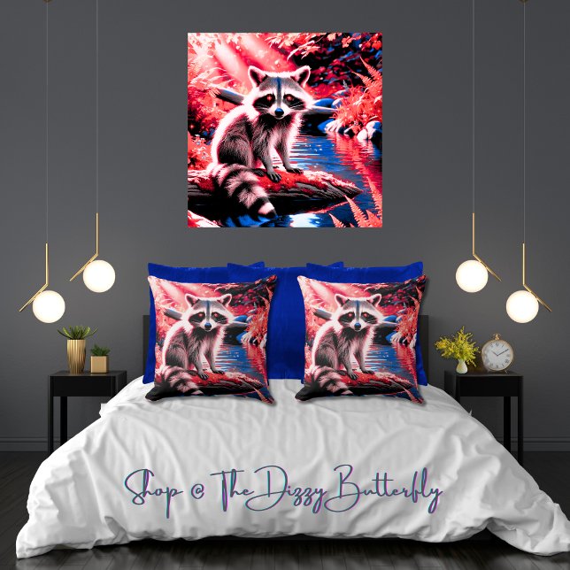 Almofada Floresta de Pata Coca-Cola Vermelha (Woodland angel raccoon at one with the red crimson-kissed, sparkly forest 20 x 20 pillows (& more))