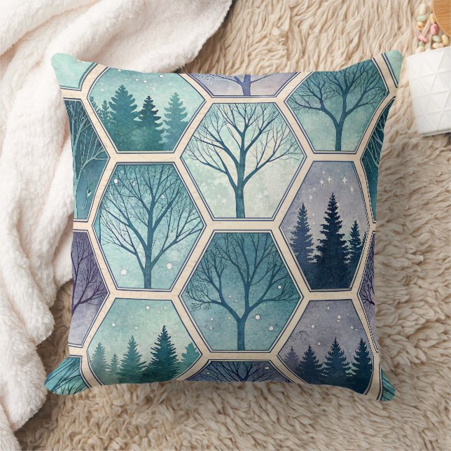 Almofada Floresta Geométrica de Inverno – Árvores em Hexágo (Cobertor)