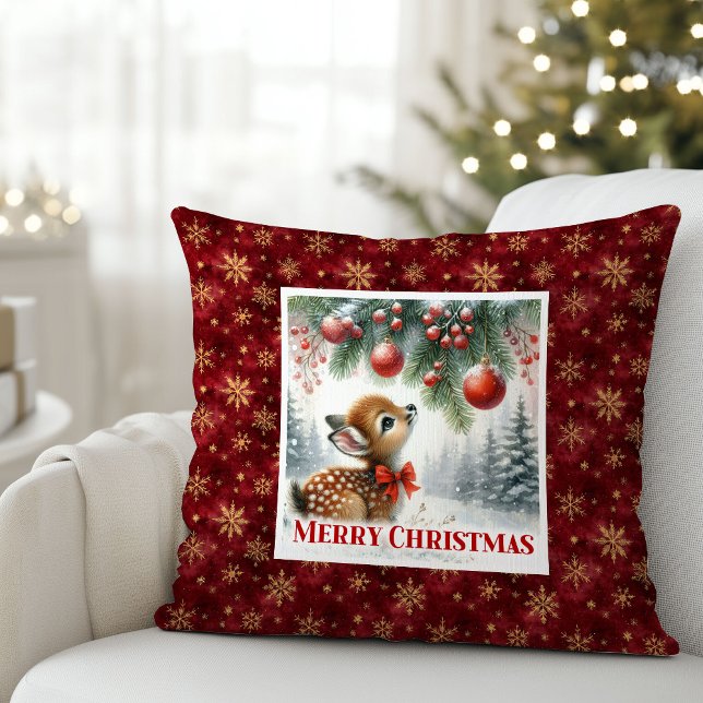 Almofada Floresta nevada caprichosa, cervo bebê, Natal fest (Whimsical snowy forest baby deer festive Christmas pillow)