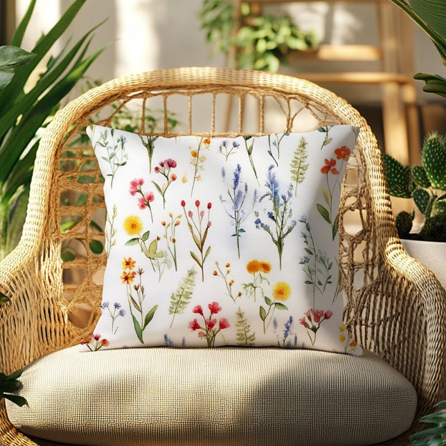 Almofada Florim Vinho Vazio Botânica Floral (Wildflower Watercolor Summer Floral Botanical Throw Pillow)