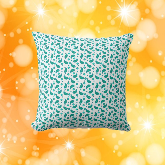 Almofada Flower Paisley Polka Dot Pattern Green Blue (A pillow with a pattern of paisley, flowers and polka dots in green and blue)