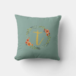 Almofada Flower Wreath Dourado Monograma inicial T Cushion