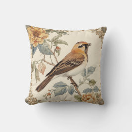 Almofada Flowers Pattern and Lovely Bird, Off White, Yellow