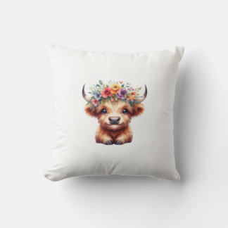 Almofada Fluffy Baby Highland Cow with Floral Crown – Cute