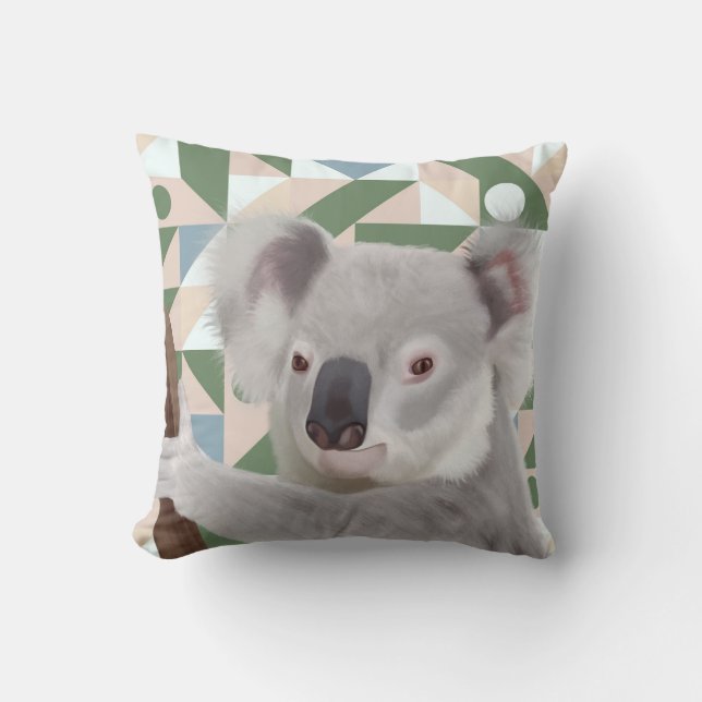 Almofada Fluffy Koala Green Fundo Geométrico (Frente)