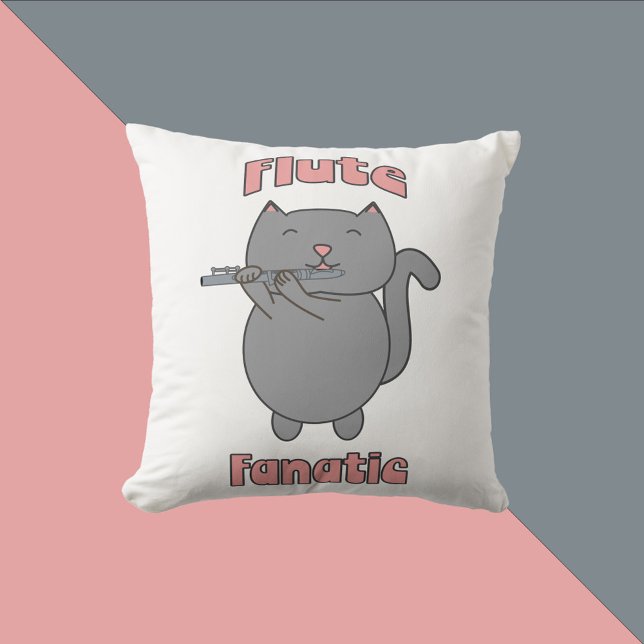 Almofada Flute Fanatic Musical Flute Cat Pink (A throw pillow featuring a gray cat playing the flute and the text Flute Fanatic in pink.)