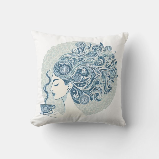 Almofada Fluxo de arte feminina - Fusão de Azulejo azul (Frente)