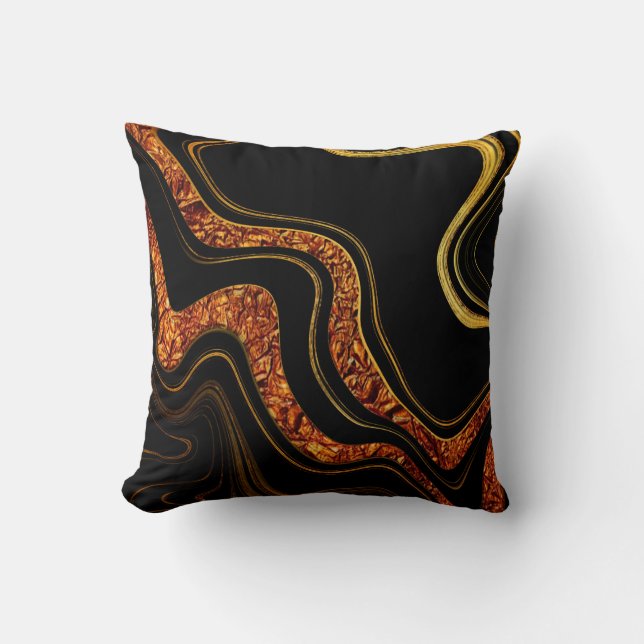 Almofada Fluxo de Obsidiana Dourada – Arte Fluida Preta e D (Frente)