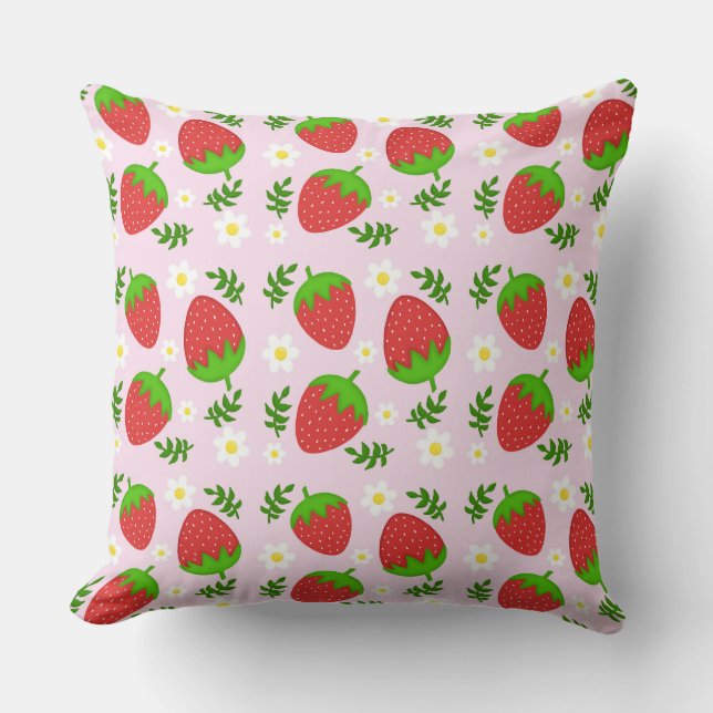 Almofada fofa design contínuo morangos fundo rosa (Frente)
