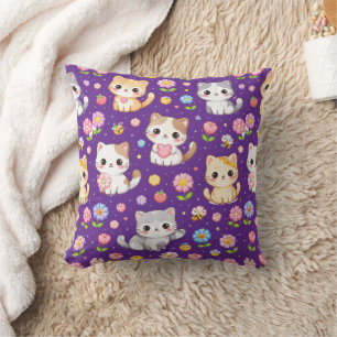 Almofada Fofos Gatinhos Kawaii e Flores Pastel