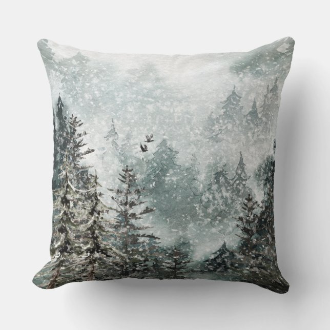 Almofada Foggy Mountain Snowy Forest Ravens Destaque (Frente)