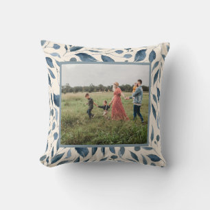 Almofada Folha de Aquarela Azul Elegante Foto Personalizada