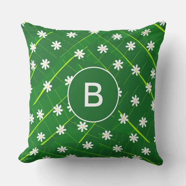 Almofada Folha de bananas tropical e flores botânicas verde (Frente)