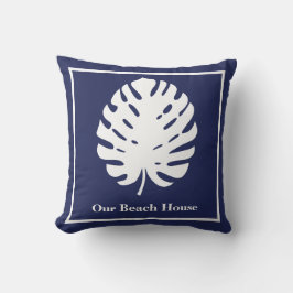 Almofada Folha de Monstera Azul Naval Branco Costeiro Perso