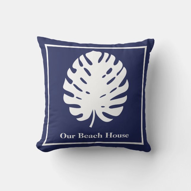 Almofada Folha de Monstera Azul Naval Branco Costeiro Perso (Frente)